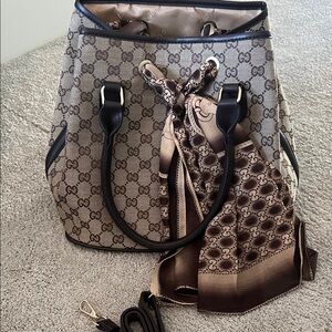 Gucci Beige and Brown Tote Bag - With Scarf Detail